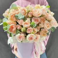 15 кремовых кустовых роз в коробке R384